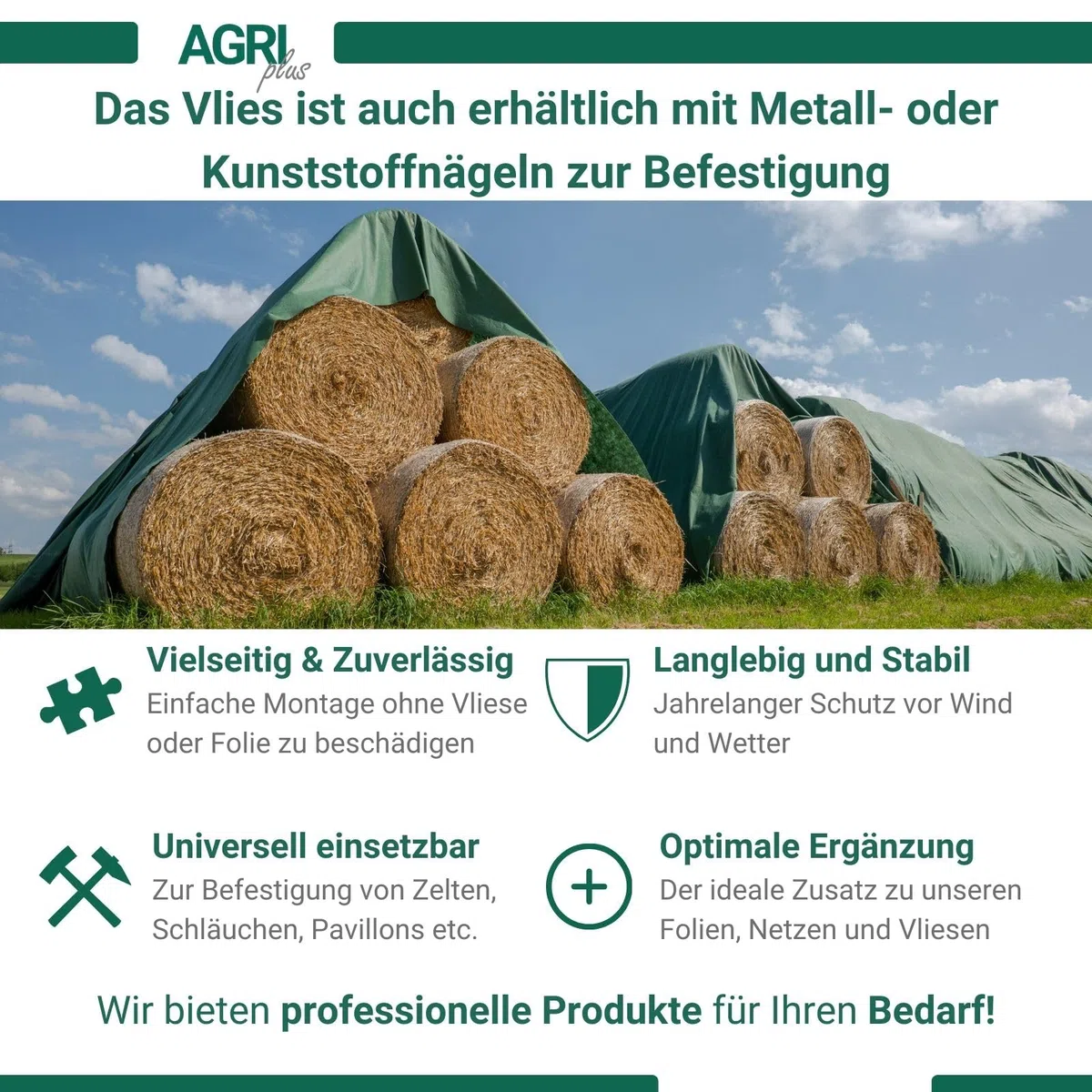 AGRI plus Strohvlies 15,6 x 25 m - ohne Nägel I Stabiles 140 g/m² Schutzvlies aus Polypropylen I Extrem reißfestes Heuvlies für langfristigen Schutz I Abdeckvlies wetterfest & UV-beständig