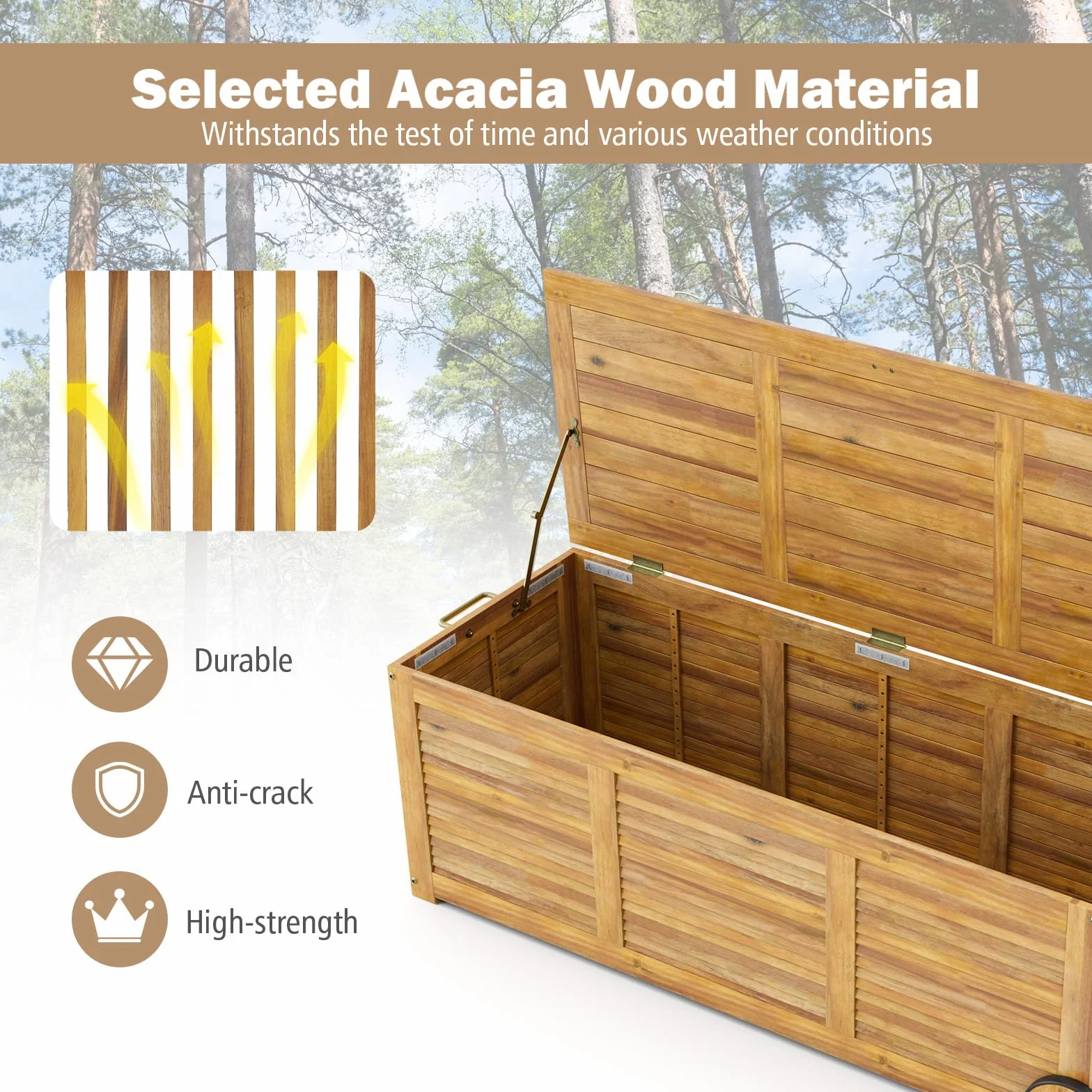 HOMASIS Auflagenbox 182L mit Rollen, Gartenbox aus Akazienholz, Kissenbox mit wasserdichte Innentasche, Gartenbox Gartentruhe mit Griff, Auflagentruhe 150 kg belastbar, Aufbewahrungstruhe Kissentruhe