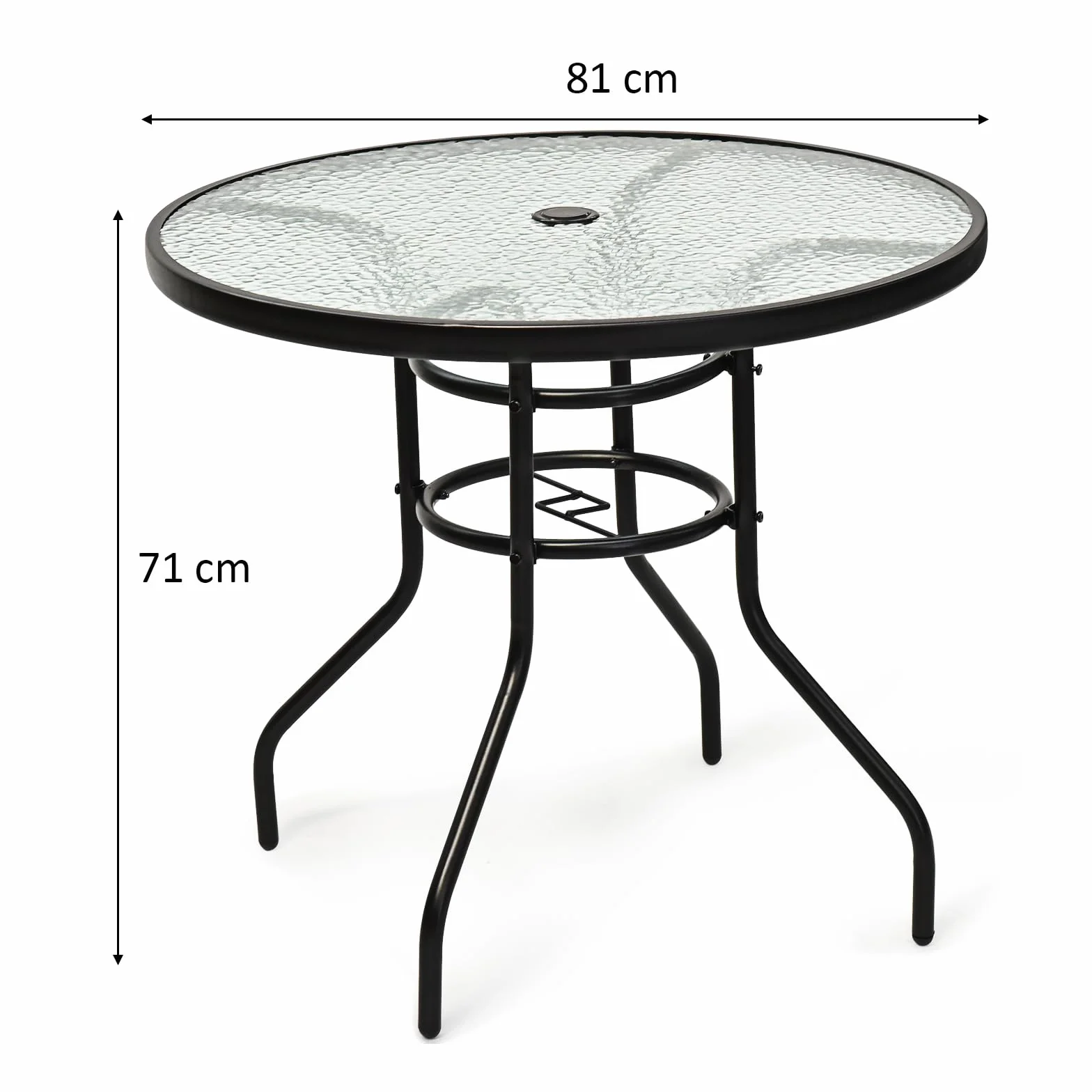 GOPLUS Gartentisch mit Schirmloch, Balkontisch mit Glasplatte & Metallrahmen, Terrassentisch Beistelltisch Bistrotisch Glastisch Esstisch für Garten & Terrasse (Rund)