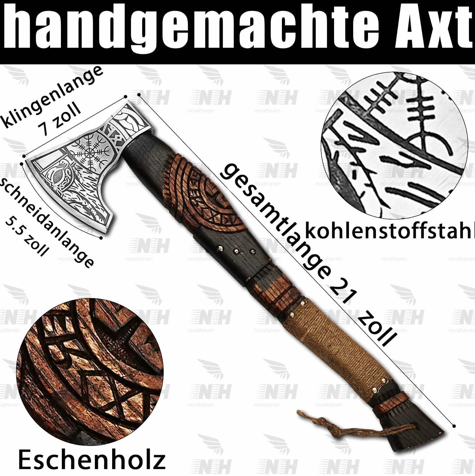 Ragnar Axe with 20 Inch Engraved Ash Handle and Etched Carbon Steel Blade - from NovaHaven