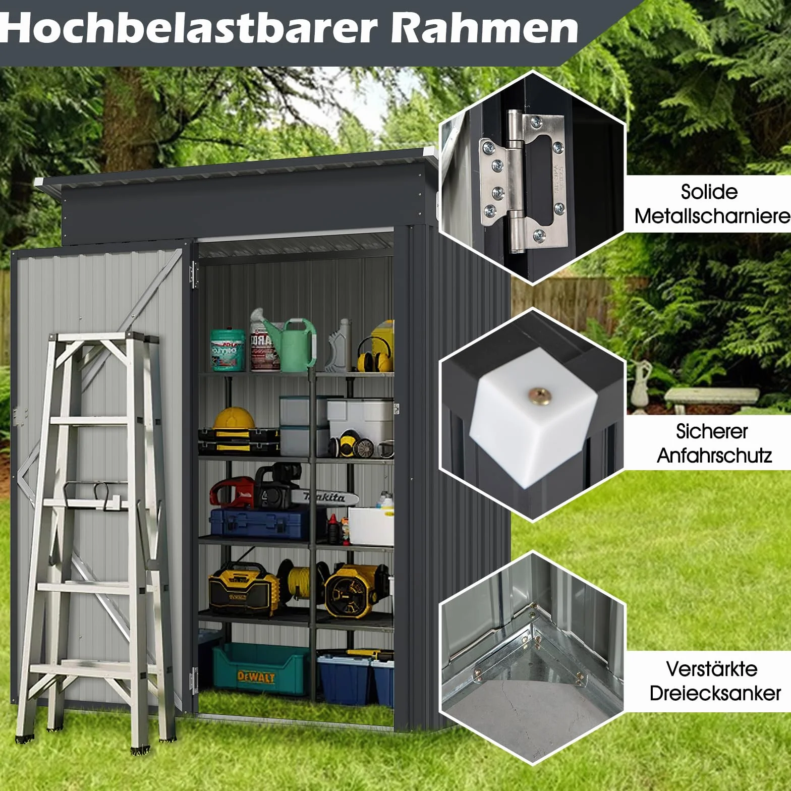 COSTWAY Gartenhaus Metall, Gerätehaus mit Pultdach & Tür (Dunkelgrau) | Geräteschuppen abschließbar, Gartenhütte Gartenschuppen, Garten Schuppen Outdoor, 150 x 90,5 x 185 cm | 1,5 m³
