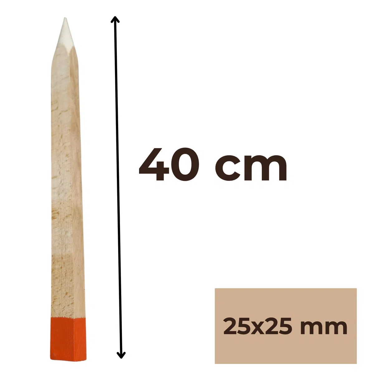 50 Stück Holzpfähle aus Buche Rot Lackierter Spitze Quadratisch Längen 40 cm Markierungspfosten Holz Robuste Holzpflöcke Pflanzstäbe Zaunpfosten Vermessungspfosten 25 mm x 25 mm