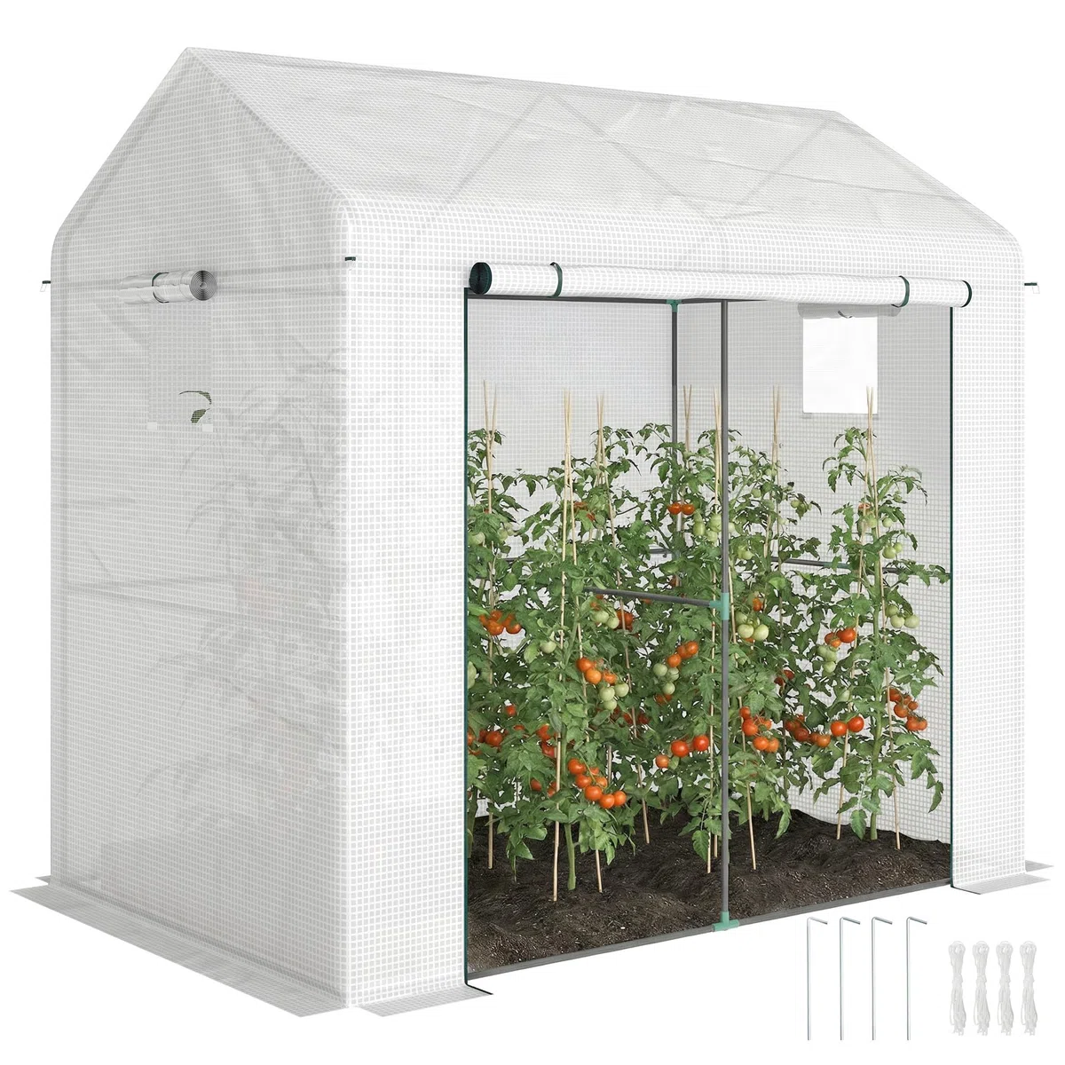 Outsunny begehbares Gewächshaus, Tomatengewächshaus für den Außenbereich, Gewächshaus für den Garten, Anzuchtgewächshaus mit Rolltür und Netzfenstern, PE-Abdeckung, 200 x 140 x 200 cm, weiß | Tomatengewächshaus für den Außenbereich, Gewächshaus für Garten