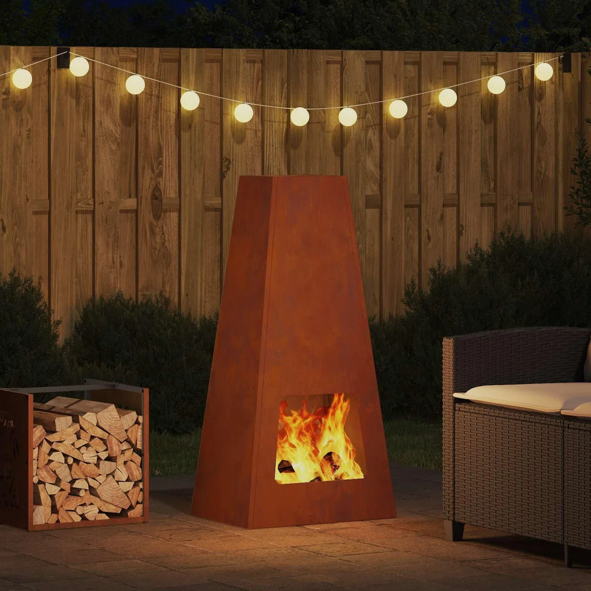Feuerstelle Braun aus Wetterfeststahl 50 x 35 x 100 cm, kamin ofen feuerstelle schornstein optik für terrasse garten haus, outdoor wärme und deko