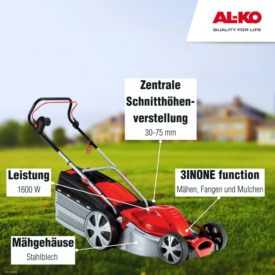 AL-KO Elektro-Rasenmäher Silver 46.4 E Comfort (46 cm Schnittbreite, 1.600 W Motorleistung, Schnitthöhe 7-Fach verstellbar, inkl. 65 l Fangkorb mit Füllstandsanzeige, für Rasenflächen bis 900 m²)