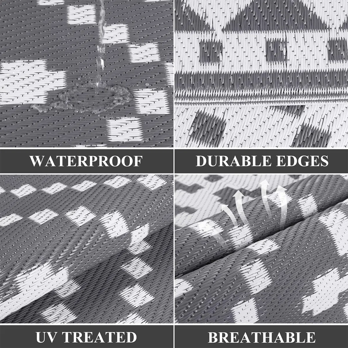 Enyhom Groß Außenteppich 240 x 300 cm, Robuster Flachgewebe Kunststoff Picknickdecke, Wendbarer UV-beständige Campingmatte, Wasserdicht Farbecht Balkonteppich für Outdoor RV Camping, Grau