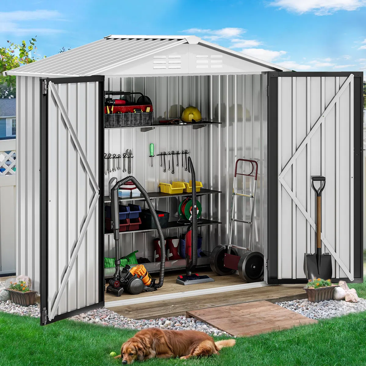 YITAHOME Metall Geräteschuppen Gerätehaus Gartenhaus Gartenhütte,Weiß | 171x87x184cm|6x4 klein|Rasenmäher Gartenschuppen|Satteldach|Abschließbar|4 Lüftungsöffnungen|Gartenhaus mit Tür|Wetterfest