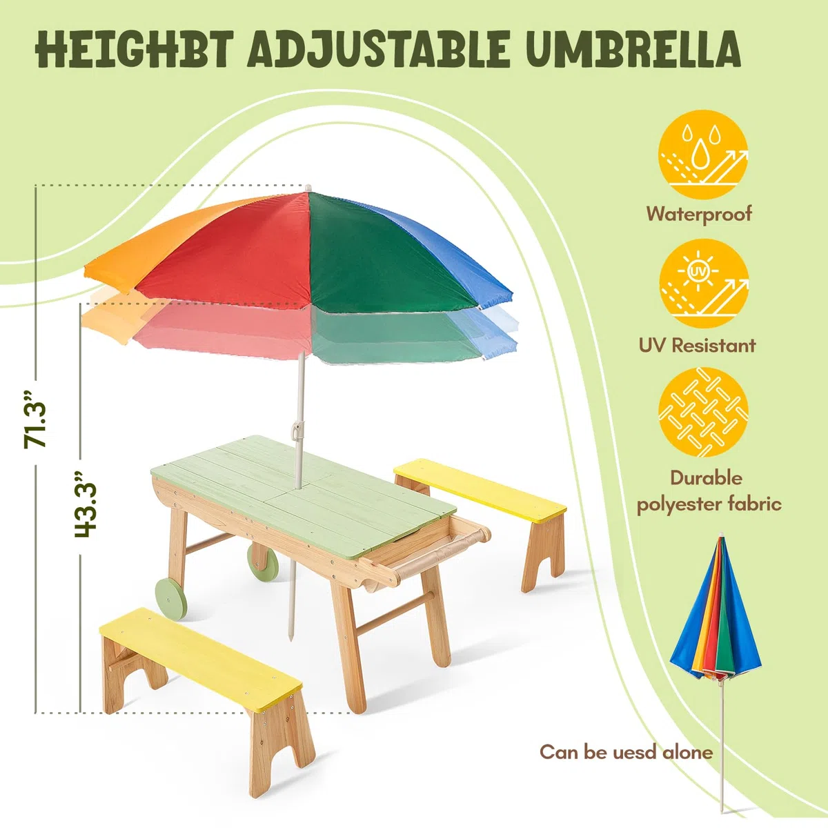 Giant bean Kinderspiel Tisch aus Holz mit Sand- und Wasserspielfunktion inkl. Sonnenschirm – Für Kinder im Garten, Terrasse oder Innenbereich