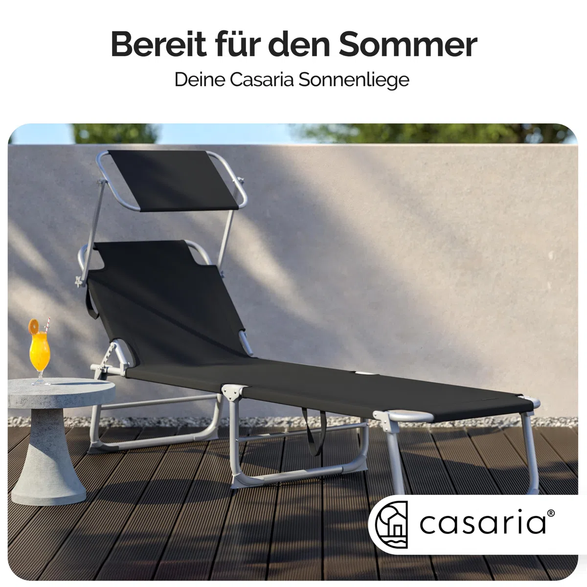 Casaria Sonnenliege klappbar mit Sonnendach wetterfest Grau | Aluminium, 190x60 cm, 130 kg Belastbar, tragbar, Garten, Pool, belastbar, Liegestuhl, Klappliege