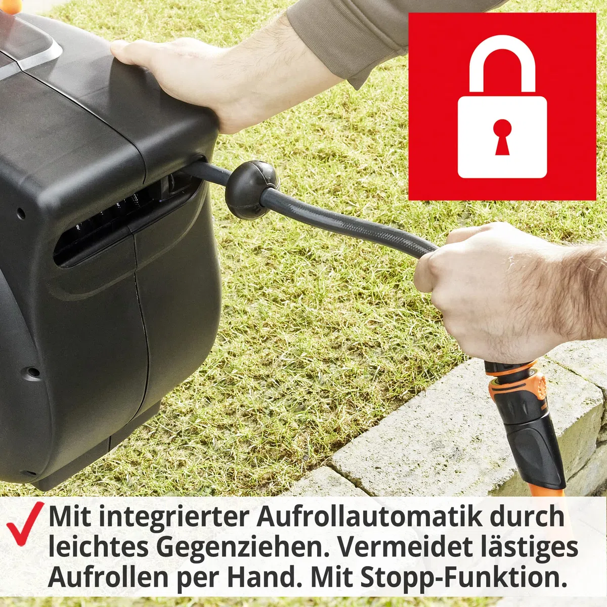 HECHT Automatik Wand-Schlauchtrommel 20+2 m – mit Metall-Gartenbrause | Inkl. Gartenschlauch, Wandhalterung, Schnellkupplung, Gartenspritze & Metall-Gartenbrause – für Gartenbewässerung