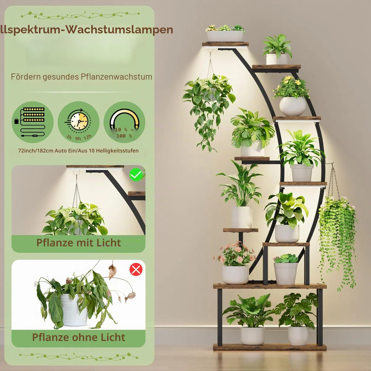 BACEKOLL Pflanzenregal mit Wachstumslicht - 9 Ebenen Blumenständer 160cm Metall Holz Pflanzenständer - Innen & Außen Blumentreppe - Dekoratives Schwarz Blumenregal für Innen Garten Balkon