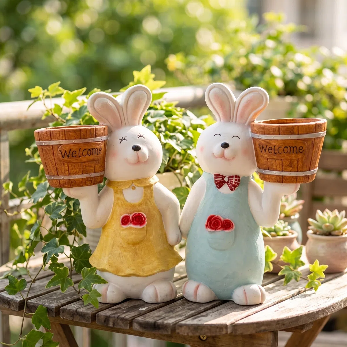 Figur mit Blumentopf groß Gartenfigur Hase mit Pflanzkübel niedlich Gartenfigur Hase für Gartenliebhaber