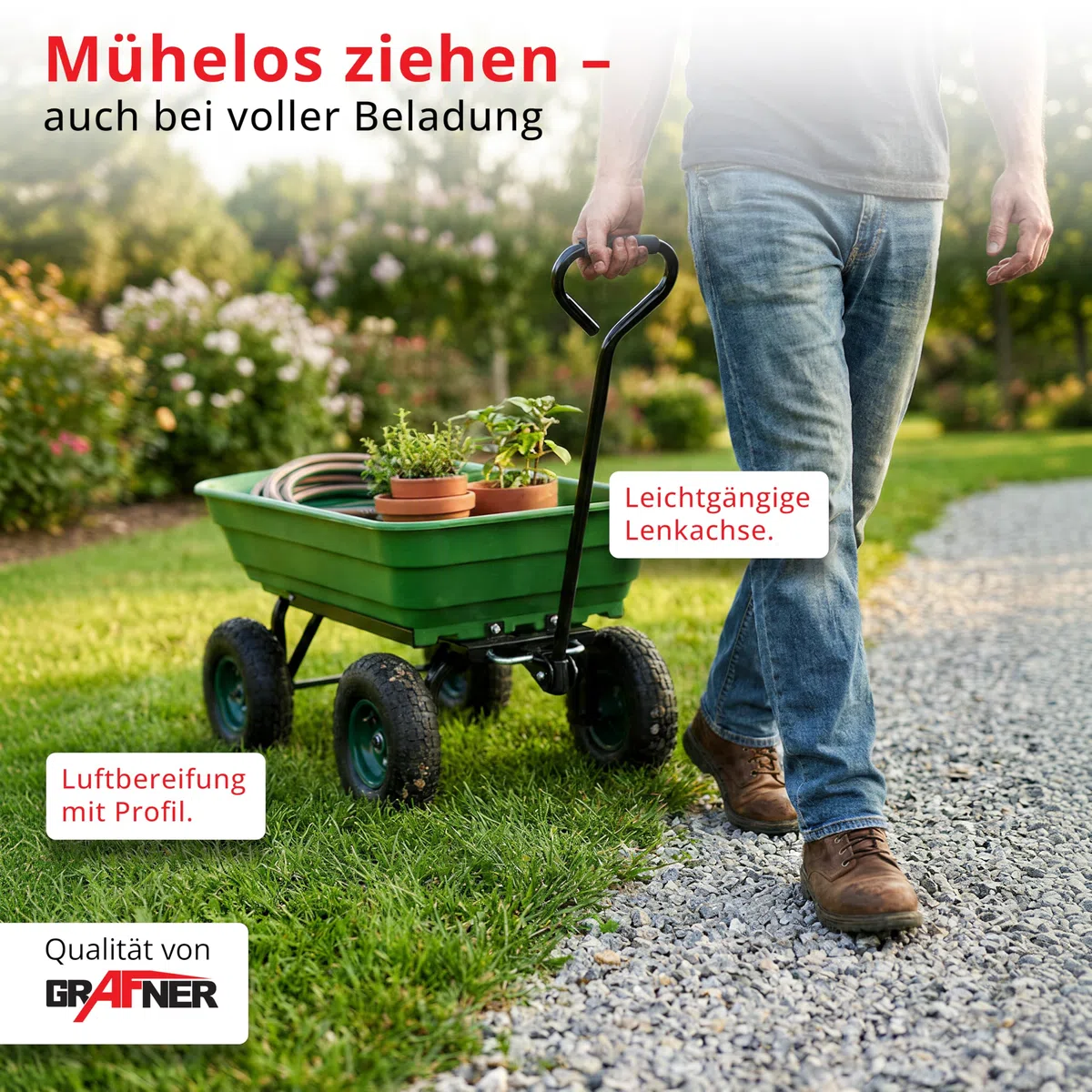 Grafner Gartenwagen mit Kippfunktion, belastbar bis 300 kg, 75 Liter Kunststoffwanne und Lenkachse, Luftbereifung, Transportwagen Gartenkarre Dumper Handwagen Schubkarre Bollerwagen