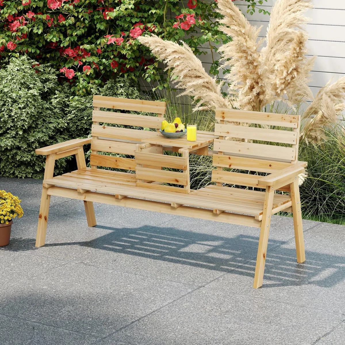 GIANTEX Gartenbank mit Tisch, Massive Holzbank mit klappbarem Mitteltisch, Sitzbank Bank 3 Sitzer, Parkbank ergonomisch mit Rücken- & Armlehnen, Garten Balkonbank Terrassenbank bis 320 kg belastbar