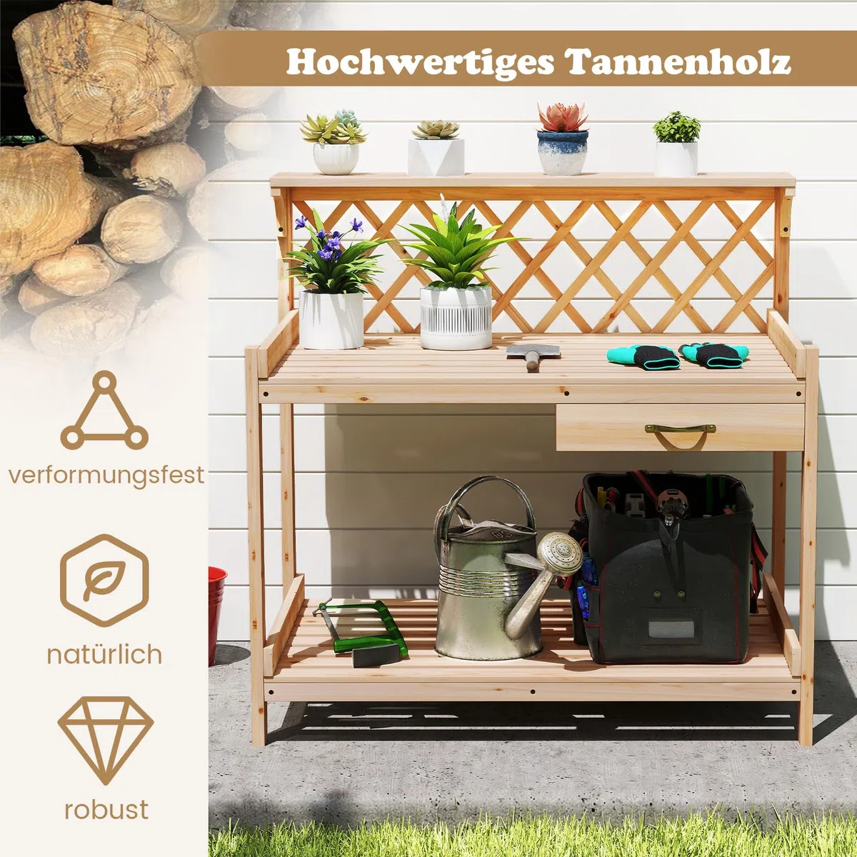 COSTWAY Pflanztisch mit Rankgitter, Gärtnertisch Holz mit Arbeitsplatte, Schublade & 2 Ablagen, Garten Arbeitstisch Tannenholz, für Garten Balkon Terrasse, 90 x 59 x 88 cm, Natur