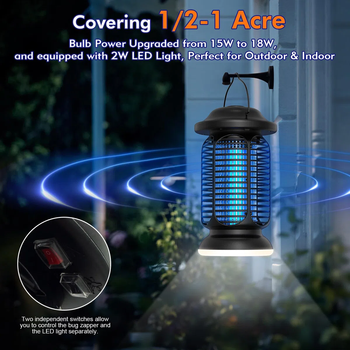 Bug Zapper Outdoor Indoor, Elektrischer Fliegenvernichter Wasserdicht mit 2W LED-Licht, 18W Leistung & 4000V Hochspannung, Abdeckungsbereich von 1/2-1 Acre, 1,7m Kabel, Steckbare Mückenfalle für