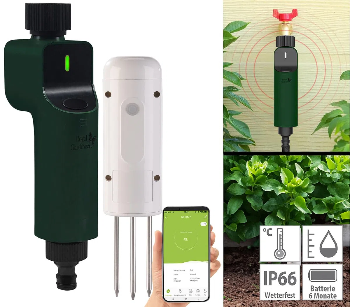 Luminea Home Control Ventil: ZigBee-Bewässerungscomputer + Boden-Feuchtigkeits- & Temperatursensor (Wasserzähler Gartenschlauch, Bewässerungssteuerungen ZigBee, Timer)