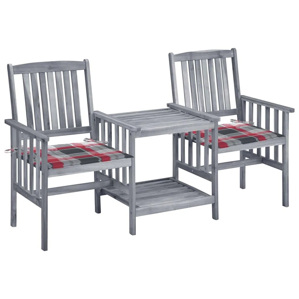 Gartenstühle mit Teetisch und Kissen, 2-Sitzer Gartenbank mit Integriertem Tisch, Holz-Bistro-Set aus Akazie Massivholz für Garten Terrasse Balkon, Grau, 159x61x92 cm
