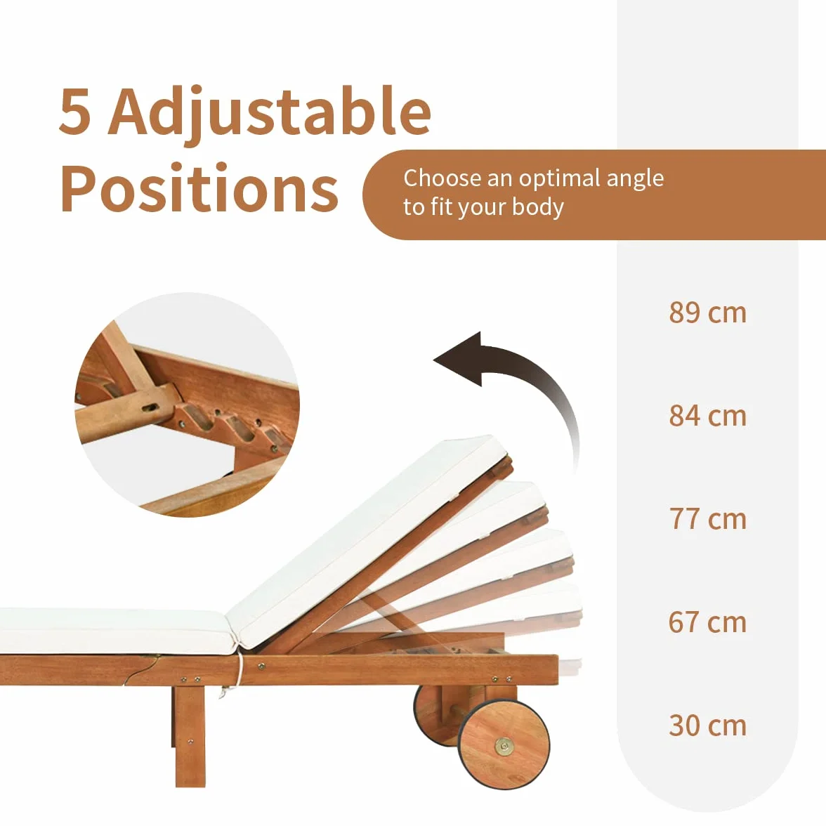GIANTEX Sonnenliege Klappbar, Mobile Gartenliege mit Rollen, Liegestuhl mit Verstellbarer Rückenlehne, inkl. Kissen, Relaxliege Strandliege Massivholz bis 160 kg belastbar, Liege Garten (Holz)