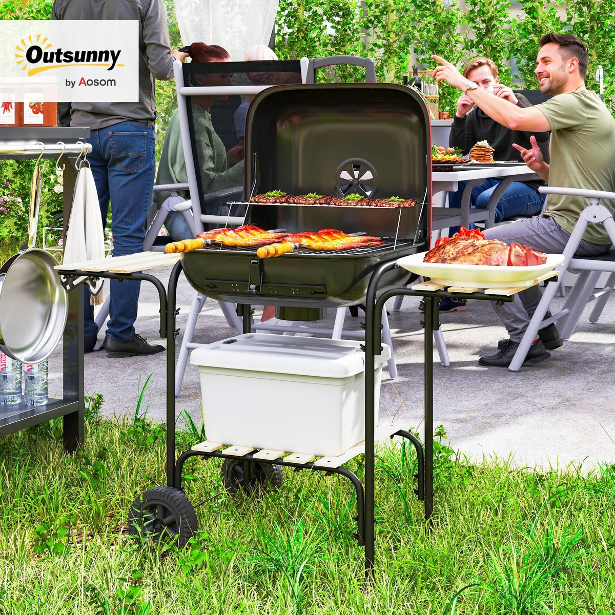 Outsunny Holzkohlegrill Tragbarer BBQ Grill mit 1840cm² Kochfläche, 3 Ablagen, verstellbarer Entlüftung, abschließbarer Deckel, Räder für Kochen im Freien, Gartenparty, Rot | 1840 cm² Kochfläche, verstellbarer Lüftungsschlitz, verschließbarer Deckel, Räde