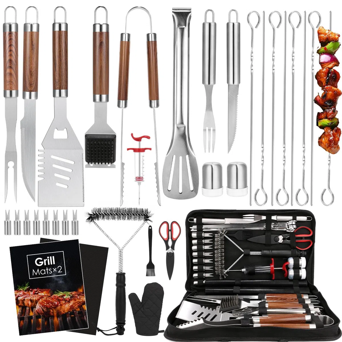 Yoehka Grillzubehör-Set, 34-teilig, robuste Grillwerkzeuge Werkzeug für Outdoor-Camping, Grillgeschenke Männergeschenke, Edelstahl-Grillutensilien-Set mit Matten und Handschuh in Tragetasche, Braun