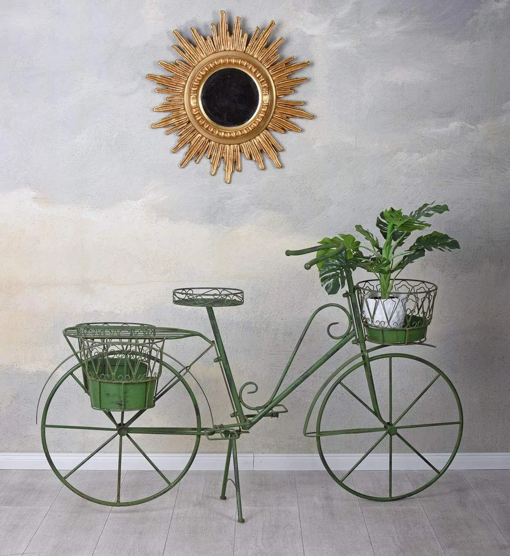PFLANZFAHRRAD „LE JARDIN DE PROVENCE“ – Deko Fahrrad aus Eisen im Vintage Stil mit 4 Pflanzkörben Grün Garten Deko Metallrad zum Bepflanzen Terrasse Balkon Höhe 86 cm Länge 140 cm Tiefe 43 cm