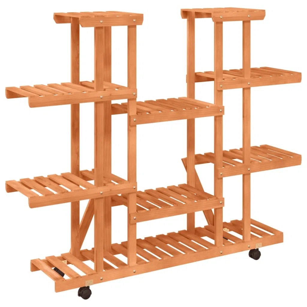 Blumenständer mit Rollen 110x25x115 cm Pflanzenregal Holz Indoor Outdoor Mehrstöckig Pflanzentreppe Tannenholz Symmetrisch Blumenregal für Wohnzimmer Balkon Terrasse Natur
