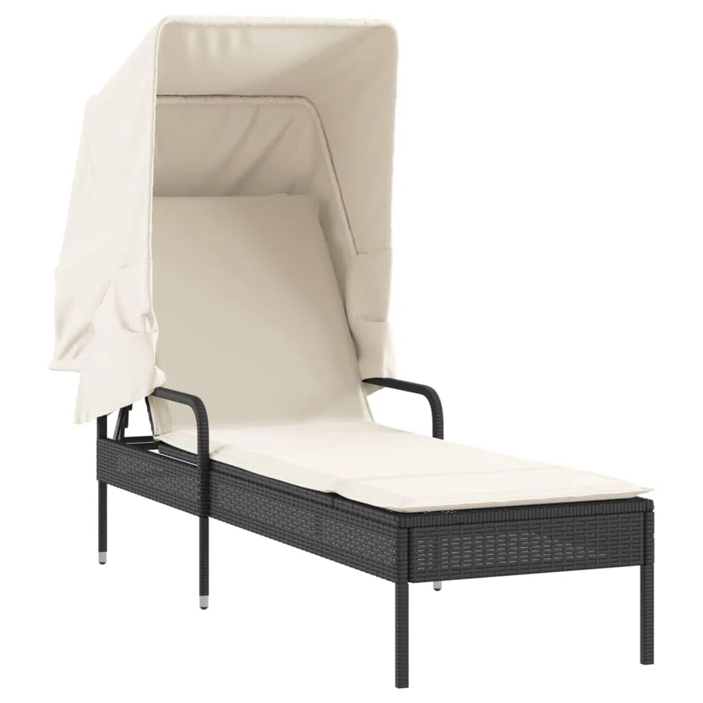 Sonnenliege mit Dach und Tisch Schwarz Poly Rattan Verstellbar Gartenliege Klappbar für Terrasse Balkon Pool Outdoor Camping Relaxliege mit Auflage