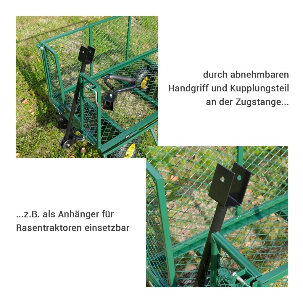 TP Lasten-Handwagen, stabile Gartenkarre mit Gitter, Plane und Luftbereifung, Transportwagen für Haus, Garten, Camping, als Anhänger für 220 Liter bis max. 550 kg belastbar