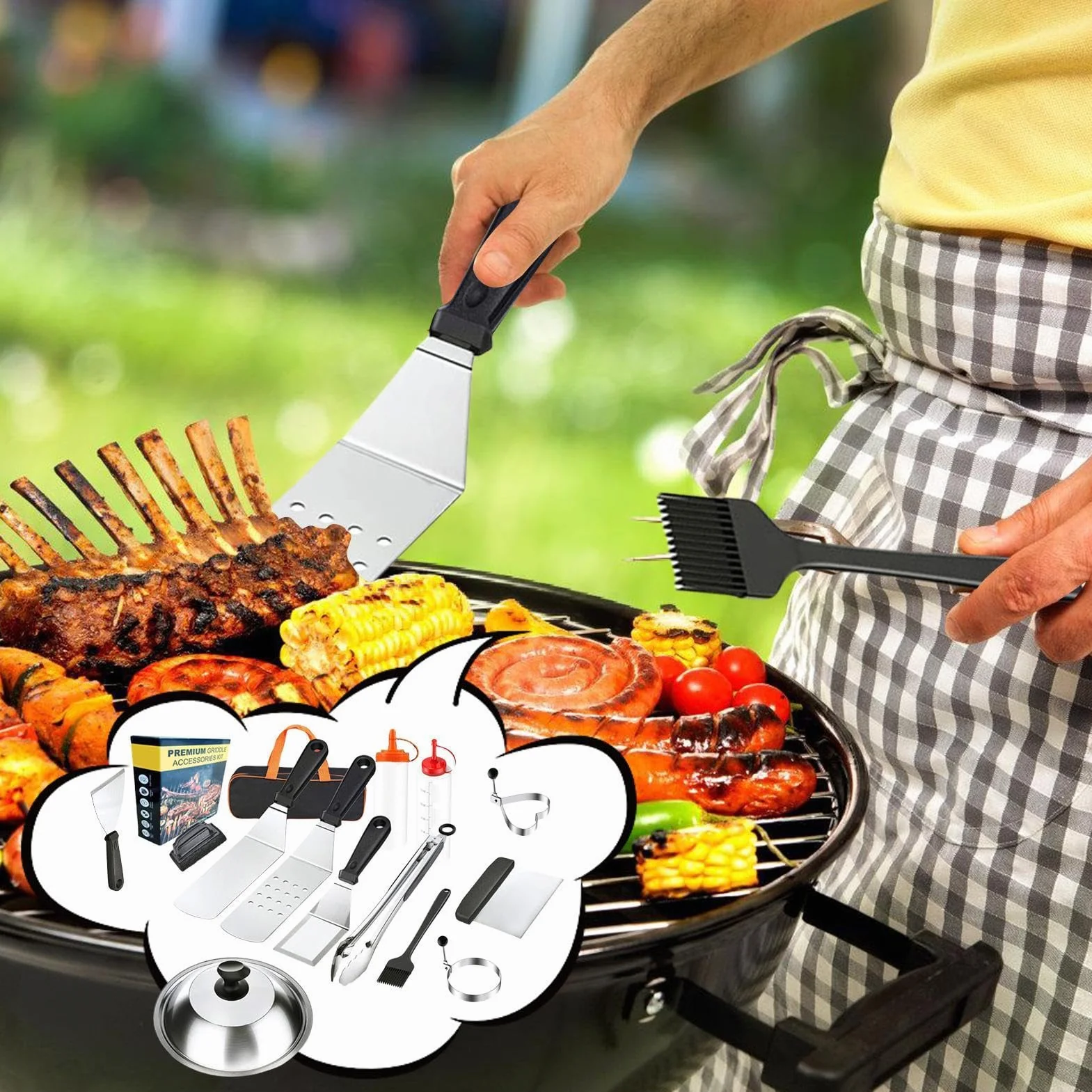 Grill-Set - Grillzubehör-Set Aus Hochwertigem Edelstahl | Tragbares | Küchenzubehör Für Fleisch Und Shrimps – Für Garten Camping Terrasse Und Picknick