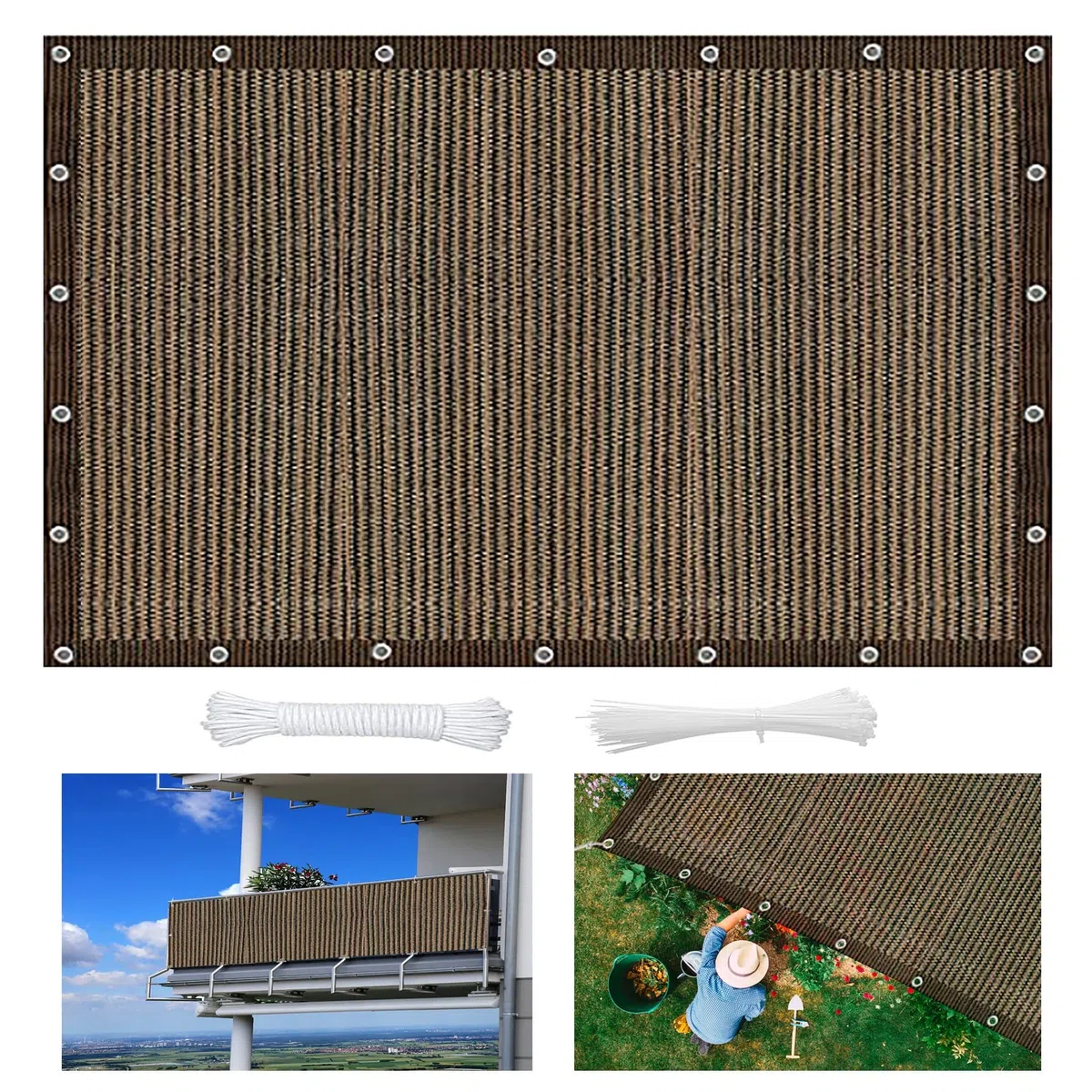 Terrassendach Sichtschutz Garten 3.5 x 6 m luftdurchlässig, wasserdurchlässig Sonnensegel quadratisch mit Ösen und Befestigungsseile für Balkon Garten Terrasse, Braun A