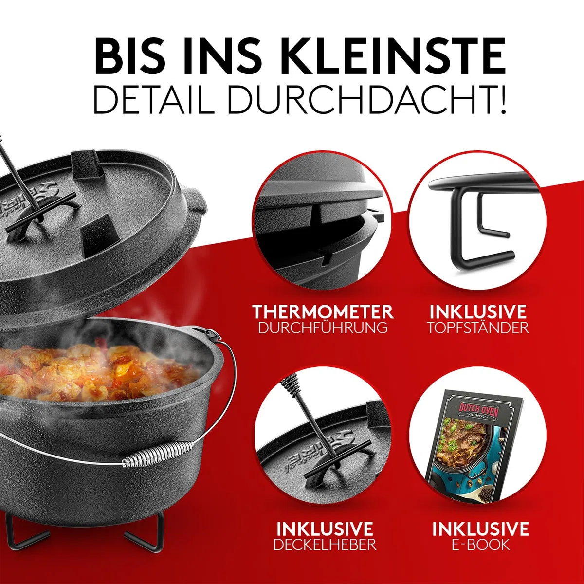 BBQ Dutch Oven [Das Original] - 7,4 Liter Dutch Oven Set mit Topfständer & 1,8 Liter Deckel mit Doppelfunktion zusätzlich als Grillpfanne nutzbar – inkl. Deckelheber und E-Book