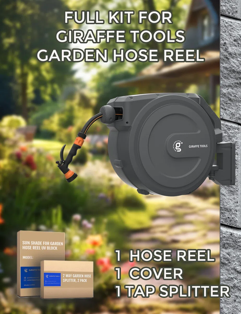 Giraffe Tools Gartenschlauchtrommel-Set mit Wasserhahn-Splitter und Abdeckung, einziehbarer 35 m Schlauch, EUAW-40KIT