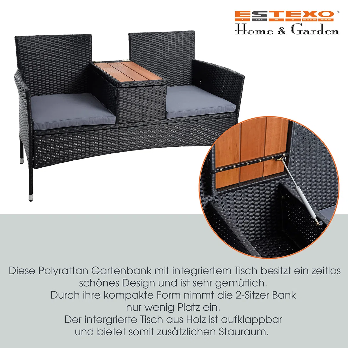 ESTEXO Polyrattan Gartenbank Bank Sitzbank 2-Sitzer Rattan Gartenmöbel Set Gartenset Balkonmöbel Sitzgarnitur Schwarz