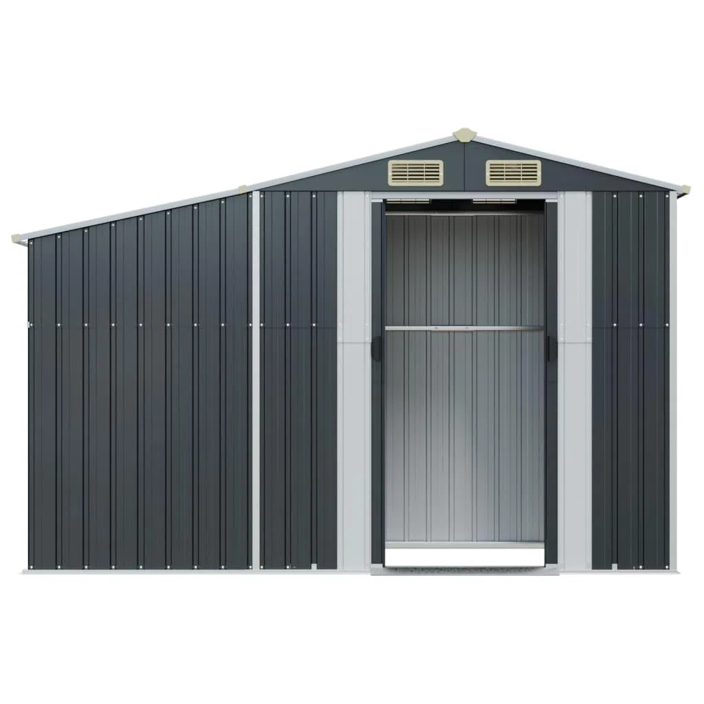 Gerätehaus Anthrazit 277x93x179 cm aus verzinktem Stahl - Metallschuppen mit Brennholzregal und Schrägdach - Multifunktionaler Gartenschuppen für Gartengeräte und Kaminholz