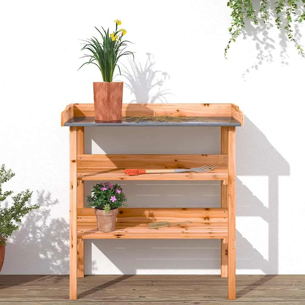 Pflanztisch mit Ablagen Braun aus massivem Tannenholz, verzinkte Tischplatte, 78 x 38 x 82,5 cm, 2 offene Fächer, für Garten Terrasse Gewächshaus Balkon