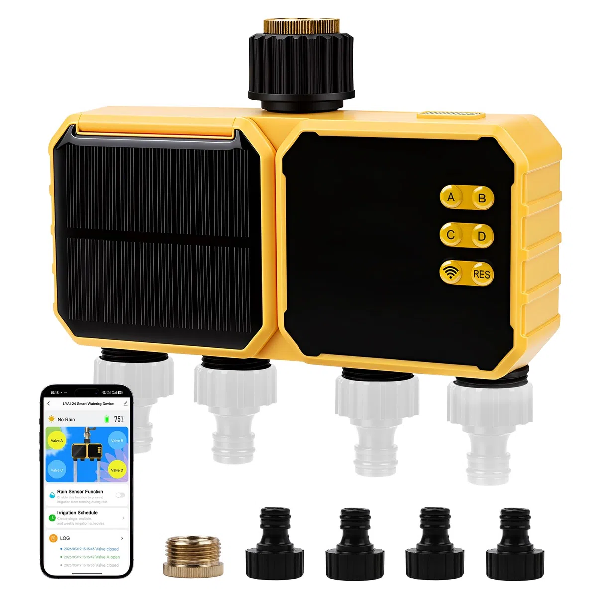 Bewässerungscomputer WLAN 4 Ausgänge,Smart Wasserzeitschaltuhr,App-Steuerung Sprachsteuerung Regenverzögerung Automatische Bewässerung,für Rasen,Garten