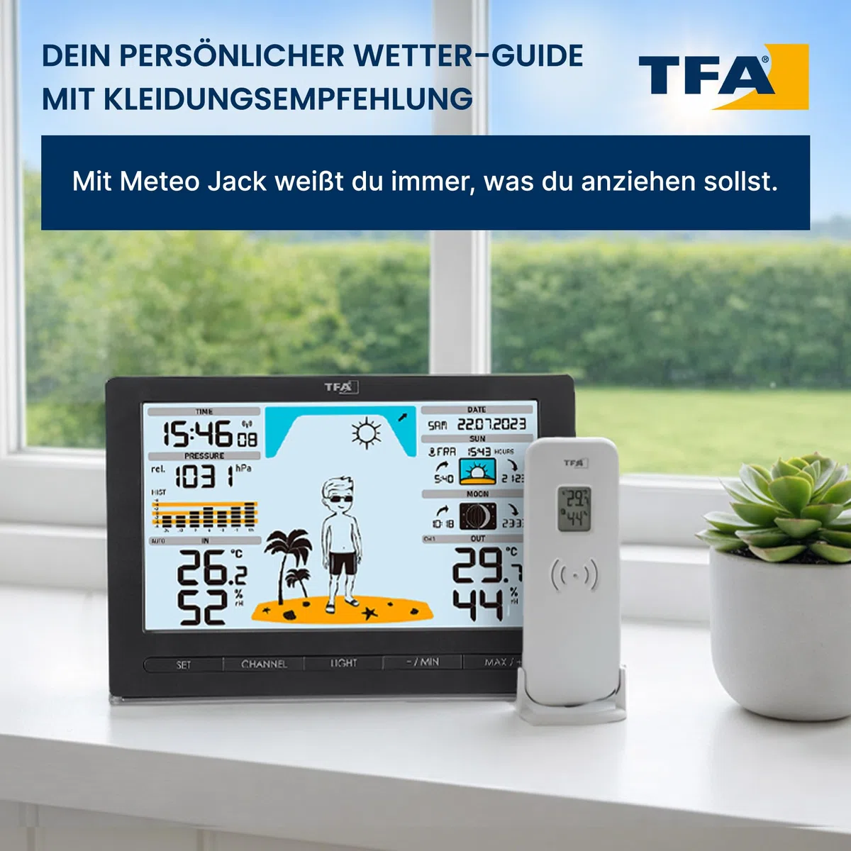 TFA Dostmann Funk Wetterstation METEO JACK, 35.1097.01, mit Außensensor, inkl Wettervorhersage mit Luftdruck, Mondphase, Sonnenaufgang- & -untergang, Funkuhr, Amazon Exklusiv, schwarz