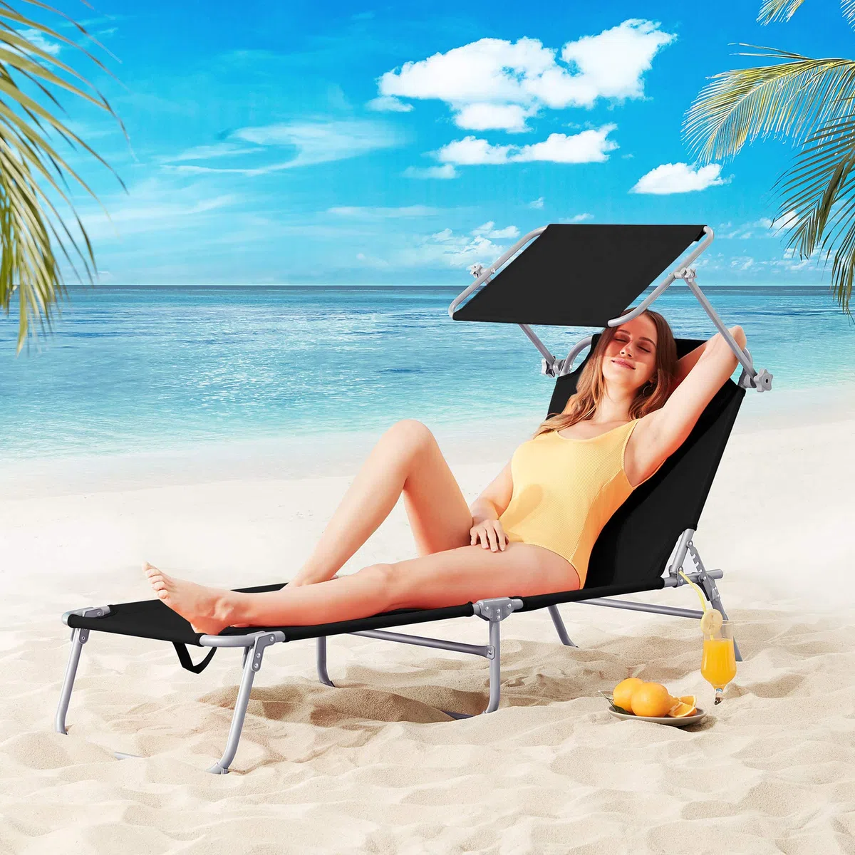 Casaria Sonnenliege klappbar mit Sonnendach wetterfest Grau | Aluminium, 190x60 cm, 130 kg Belastbar, tragbar, Garten, Pool, belastbar, Liegestuhl, Klappliege