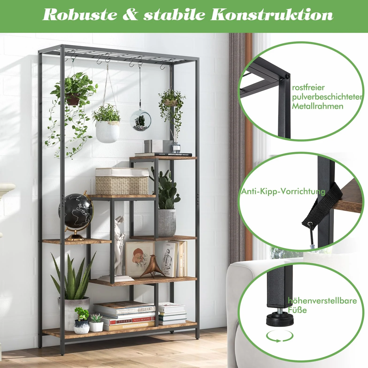 GOPLUS 6 Etagen Pflanzenständer, Pflanzenregal mit Hängeregal & 10 S-Haken, Blumenregal Blumenständer Blumentreppe für Wohnzimmer & Balkon, 100 x 30 x 180 cm (Rustikales Braun)