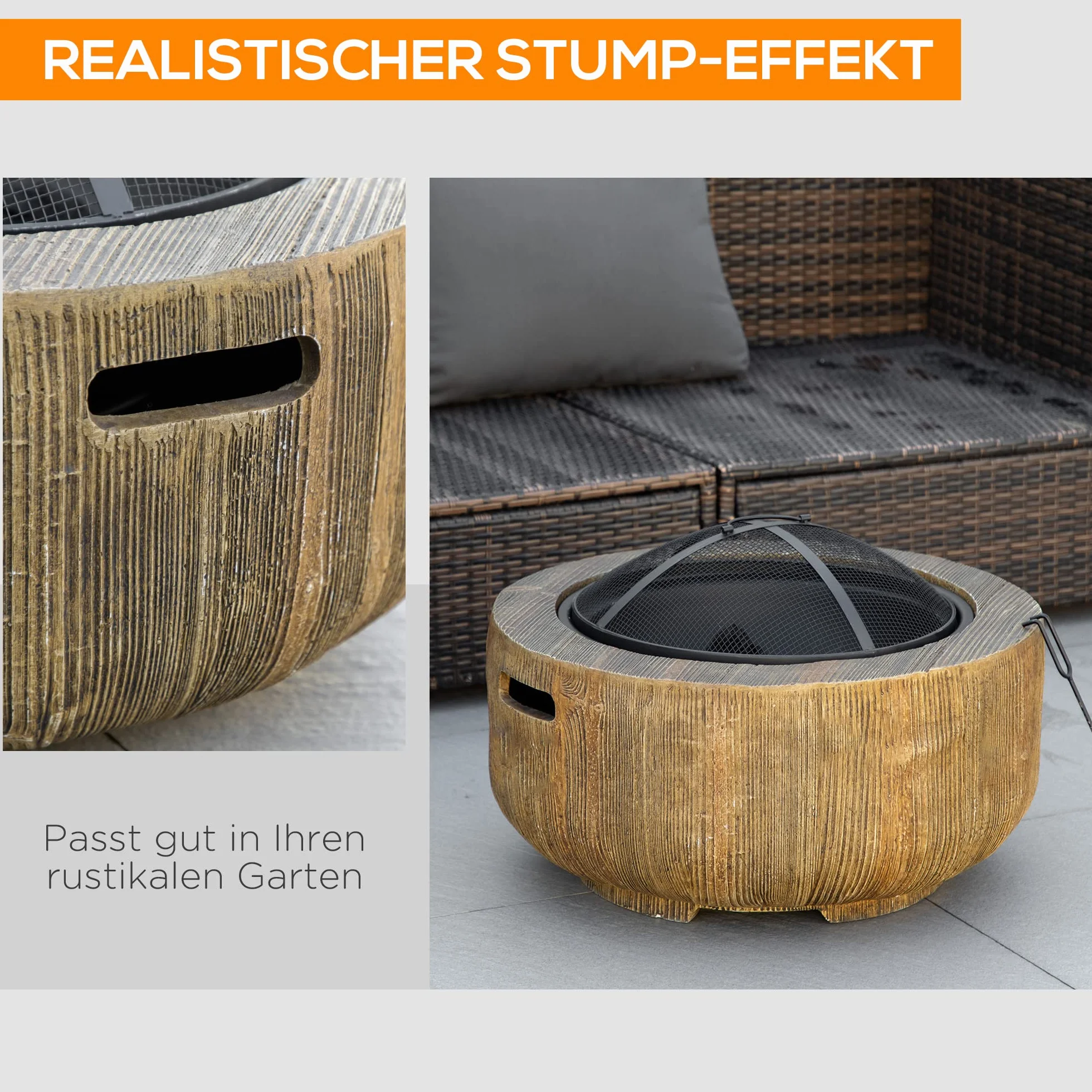 Outsunny Feuerschale Feuerstelle mit Deckel im Baumstumpf-Design Braun | Feuerkorb mit Schürhaken, für Garten, Camping, Terrasse, Stahl, MgO
