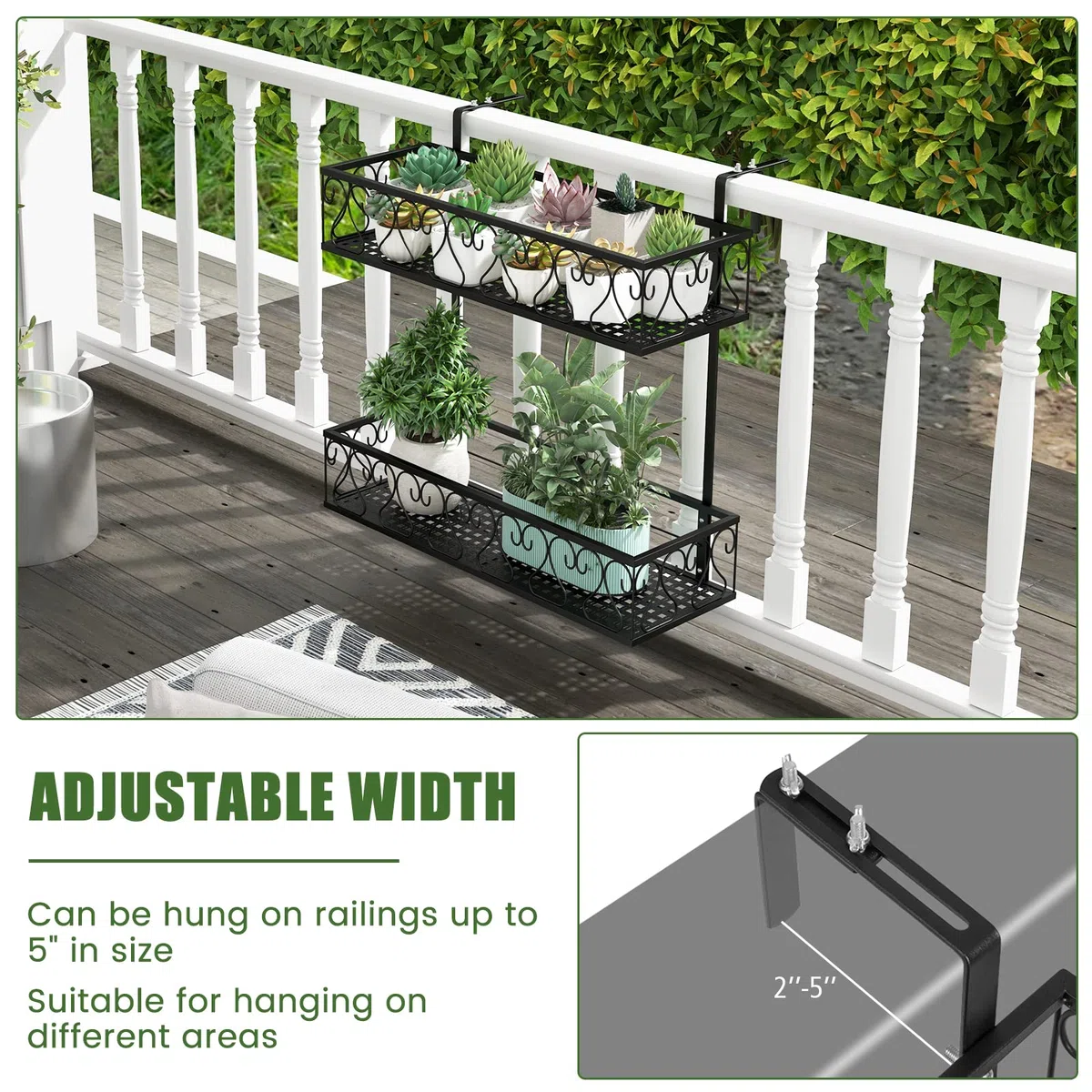 FANTASK 2-stöckiges Blumenregal Balkon, 60 x 33 x 59 cm, Blumentopfhalter Metall mit verstellbaren Haken, Hängeregal, Topfpflanzenbehälter für Garten Balkon Terrasse (Schwarz)
