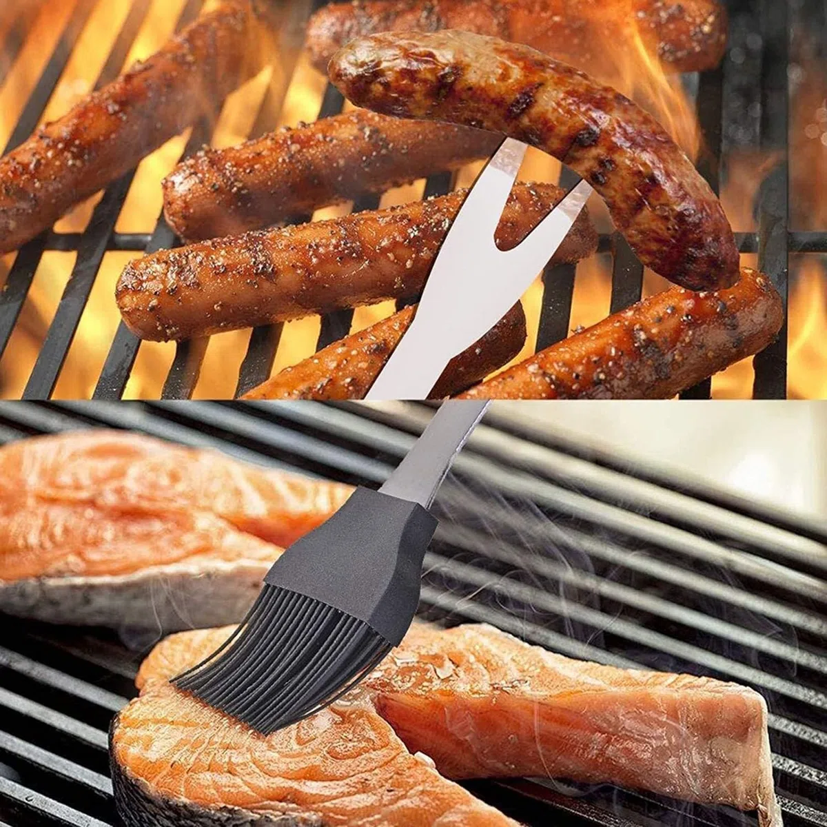 5-teiliges Grillbesteck-Set, Grillset aus Edelstahl mit Spatel, Gabel, Messer, Zange und Bürste für das Grillen im Freien