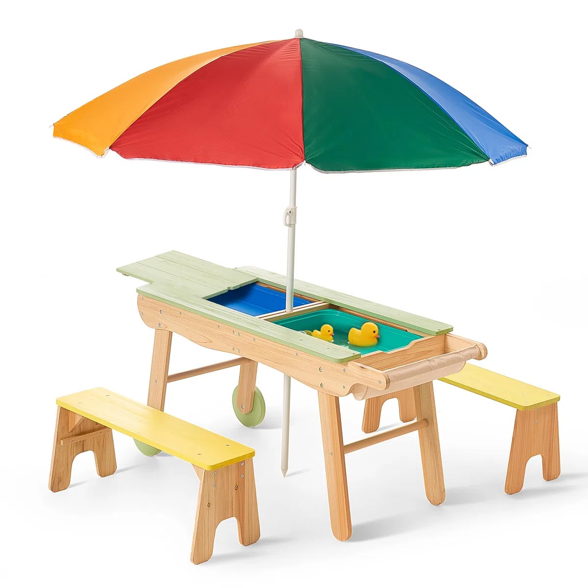 Giant bean Kinderspiel Tisch aus Holz mit Sand- und Wasserspielfunktion inkl. Sonnenschirm – Für Kinder im Garten, Terrasse oder Innenbereich
