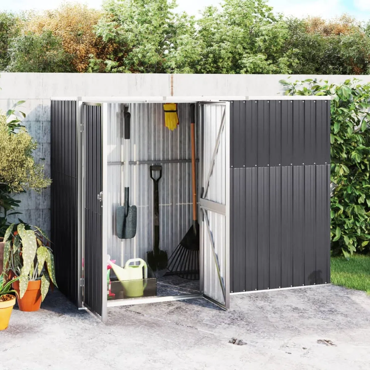 Gartenhaus aus Metall – Wasserdichter Lagerschuppen für Werkzeug, Rasenmäher, Brennholz & Mülltonnen – Langlebige Gartenlagerung Anthrazit 225 x 89 x 161 cm