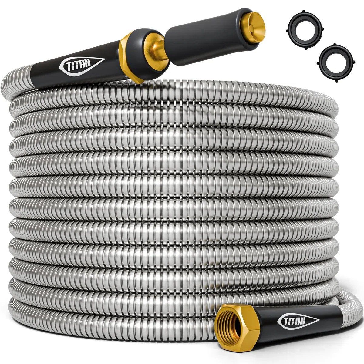 TITAN 30 m Metall-Gartenschlauch – flexibler Wasserschlauch mit massiven 1,9 cm Messing-Anschlüssen, 360-Grad-Messing-Sprühdüse – leicht, knickfrei, robust und langlebig, robuster 304 Edelstahl
