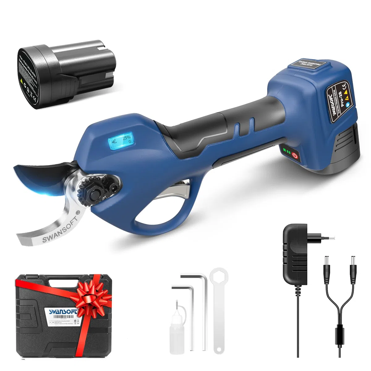 SWANSOFT PRU28 Akku Astschere, 28mm 16,8V 2+2Ah 850W Gartenschere Leistungsstarke Elektrische Elektrogartenscheren Für Präzisen, Rosenschnitt und Weinreben,[Leicht Sicher, Einstiegsmodell Für Profis]