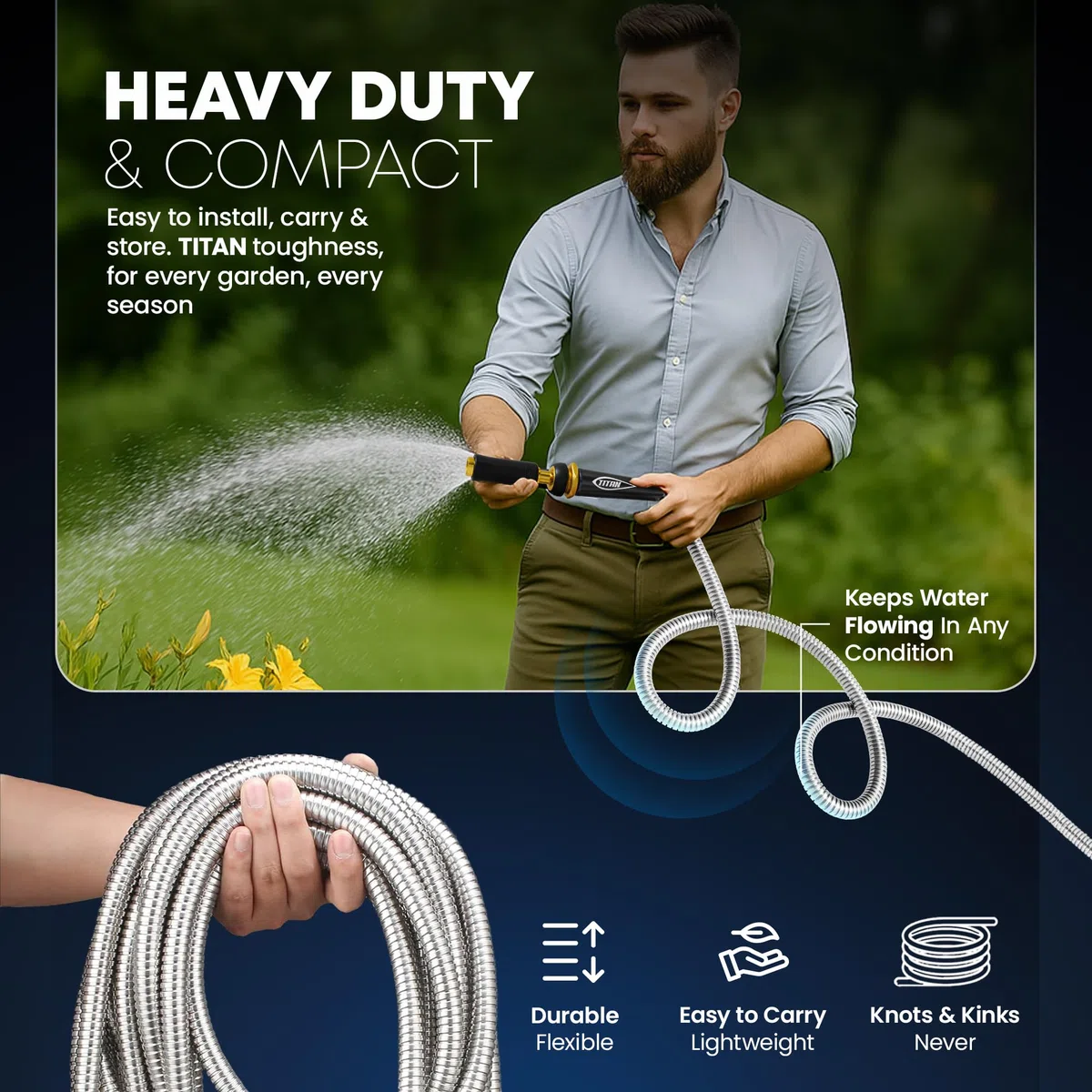 TITAN 30 m Metall-Gartenschlauch – flexibler Wasserschlauch mit massiven 1,9 cm Messing-Anschlüssen, 360-Grad-Messing-Sprühdüse – leicht, knickfrei, robust und langlebig, robuster 304 Edelstahl
