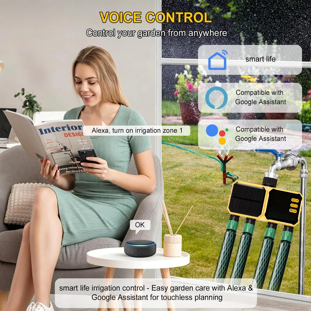Bewässerungscomputer WLAN 4 Ausgänge,Smart Wasserzeitschaltuhr,App-Steuerung Sprachsteuerung Regenverzögerung Automatische Bewässerung,für Rasen,Garten