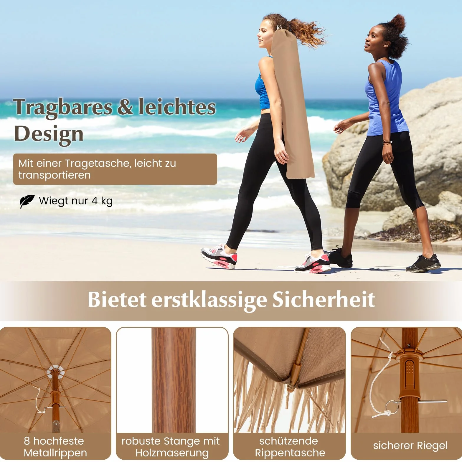 COSTWAY Sonnenschirm Hawaii, Strohschirm mit klappbarem Ständer, Strandschirm Stroh neigbar, Gartenschirm, Marktschirm, Terrassenschirm mit Tragetasche für Garten, Strand, Pool